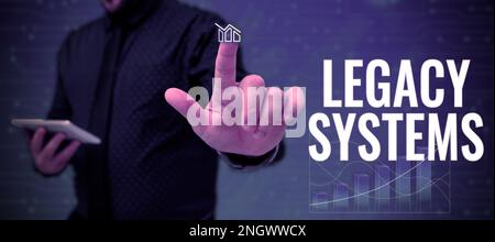 Inspiration für das Vorzeigen von älteren Signage-Systemen. Unternehmen präsentieren Computersysteme oder Anwendungsprogramme mit alter Methodentechnologie Stockfoto