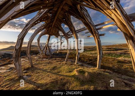 Drakkar Leviathan, Denkmal, Skulptur, Mischdrachen und Wikingerschiff, errichtet 2016, Vardoe, Vardo, Varangerfjord, Finnmark, Nordnorwegen, Norwegen Stockfoto