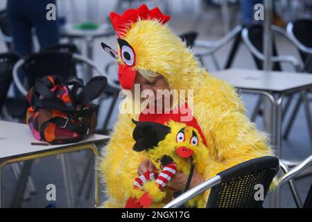 Aviles, Spanien, 19. Februar 2023: Eine Dame und ihr Hund, die während des Antroxaes Maskottchen-Wettbewerbs am 18. Februar 2023 als Hühner verkleidet waren, in Aviles, Spanien. Kredit: Alberto Brevers / Alamy Live News Stockfoto