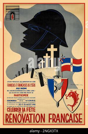 Vichy-Frankreich-Propaganda-Poster 1941 Vichy-Frankreich „Celebrating French Renovation Day“ Célébrer la fête de la Rénovation Francoise Gaston GORDE Gaston Gorde, Paris-Grenoble 1941 französisches Vichy-Poster zur Zusammenarbeit mit Nazi-Deutschland Stockfoto