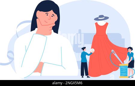 Designer und Schneider nähen Modekleid. Individuelles Konzept, Stylingindustrie und Nähservice. Bekleidungsreparaturwerkstatt Vektorszene Stock Vektor