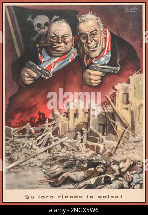 WW2 Anti-Alliierten-Propaganda-Poster mit Winston Churchill und Franklin Roosevelt als Gangster. Su loro Ricade la Colpa! Die Schuld liegt bei ihnen! Italienischer antiamerikanischer/antibritischer/antialliierter faschistischer Propagandaposter des Zweiten Weltkriegs, vom italienischen Illustrator Gino Boccasion (1901–1952) 1943–1945, der Karikaturen von Winston Churchill und Franklin D. Roosevelt als Gangster mit Pistolen, mit einer Piratenflagge mit Schädel und Kreuzknochen und Toten in einer Stadt von Ruinen zeigt Stockfoto