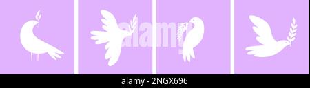 Eine Friedentaube hält einen Zweig. Verschiedene weiße Tauchsilhouetten, flache abstrakte Flug- und sitzende Vögel. Vorlage für dekorative Vektorkarten Stock Vektor