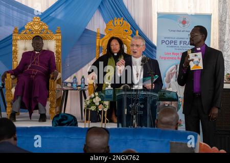 Freitag, 3. 2023. Februar: Juba South Sudan. Moderator der schottischen Kirche, die Pilgerreise des Friedens spricht. Moderator der schottischen Kirche RT Rev. Dr. Iain Greenshields ist in Juba, Südsudan, auf einer Friedenspilgerfahrt mit dem Papst und Erzbischof von Canterbury, Rev Justin Welby. Stockfoto