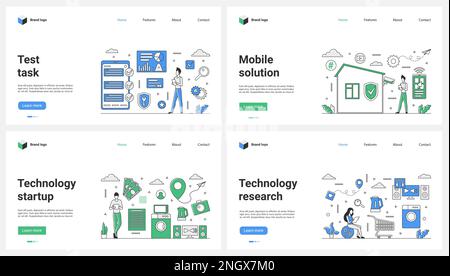 Problemtest- und Lösungsforschung, Startup-Technologie-Set-Vektordarstellung. Cartoon kleine Menschen arbeiten mit Mobilgeräten und intelligenten Haushaltsgeräten und planen Geschäftsaufgaben in einer Liste auf dem Telefonbildschirm Stock Vektor