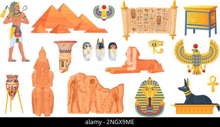 Ägyptische Antike Objekte. Ägyptische Ruine und historische Denkmäler, ägyptische Statue, Wahrzeichen der pharaopyramide Mythos Tiersphinx Zivilisation geniale Vektordarstellung der Geschichte des alten ägypters Stock Vektor