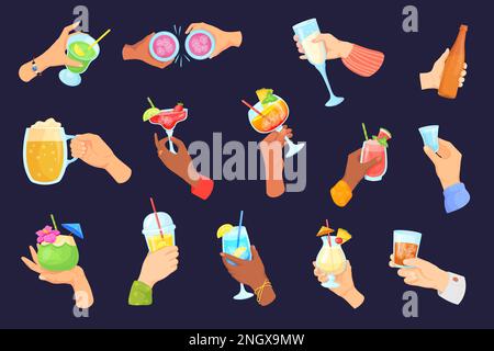 Hände halten Cocktails. Halten Sie alkoholische Getränke zum Geburtstag Toast feiern, Wein Glas Champagner Tasse martini Whiskey, Cocktail Zutaten Vector Illustration von Alkohol Glas Getränk Cocktail Stock Vektor