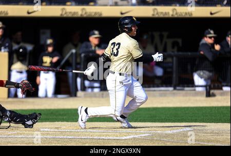 19. Februar 2023: Der zweite Student der Wake Forest University Chris Katz (33) schlägt den Ball. Wake Forest gewann 18:3. NCAA-Baseballspiel zwischen Youngstown University und Wake Forest University im David F. Couch Ballpark, Winston Salem. North Carolina. David Beach/CSM Stockfoto