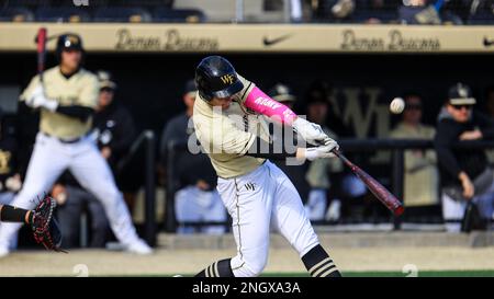 19. Februar 2023: Wake Forest University Junior Brock Wilken (25) springt auf. Wake Forest gewann 18:3. NCAA-Baseballspiel zwischen Youngstown University und Wake Forest University im David F. Couch Ballpark, Winston Salem. North Carolina. David Beach/CSM Stockfoto