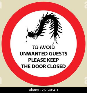 Aufkleber mit Warnzeichen Insektensymbol Centipede . Silhouette, handgezeichnet, Tausendfüßler. Vektordarstellung Stock Vektor