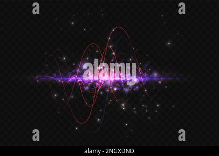 Neonwellen von Energie oder Schall und leuchtende Partikel mit violettem Lichteffekt. Abstrakte, helle digitale Schallwellen oder Laser-Wirbel und -Kurven in Bewegung, Stimme oder Songtitel Stock Vektor