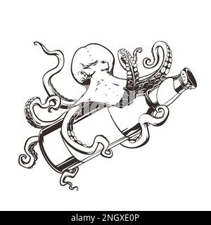 Konzept Octopus umhüllt eine Flasche Bier, druckbares Bild. Vektor-Clipart Stock Vektor
