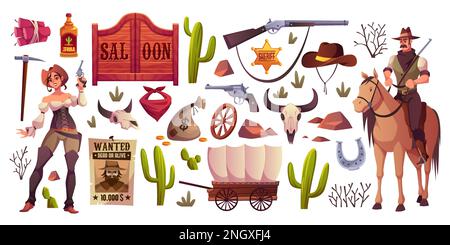 Wilde Westelemente. Cartoon Western-Objekte, Cowboy-Accessoires, Reiter und hübsches Mädchen mit Waffen, Saloon-Türen, verschiedenen Waffen und und Stock Vektor