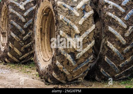 Verschmutzte Doppelräder eines Landwirtschaftstraktors an sonnigen Tagen Stockfoto