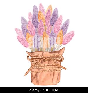 Pampas Gras Rosa, Flieder und gelb getrocknete Kräuterblumen. Handgefertigter Korb mit Schleife. Handgezeichnete Aquarelldarstellung isoliert auf weißem Hintergrund. Für den Stockfoto