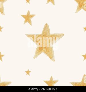 Nahtloses Muster gelber, handgemalter Sterne in Wasserfarbe Stockfoto