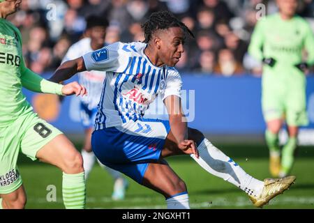 Odense, Dänemark. 19. Februar 2023. Franco Tongya (10) von Odense Boldklub, der während des 3F stattfindenden Superliga-Spiels zwischen Odense Boldklub und Randers FC im Nature Energy Park in Odense gesehen wurde. (Foto: Gonzales Photo/Alamy Live News Stockfoto