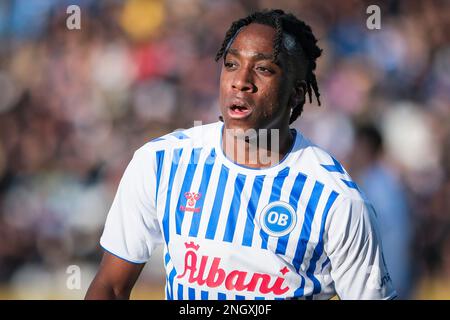 Odense, Dänemark. 19. Februar 2023. Franco Tongya (10) von Odense Boldklub, der während des 3F stattfindenden Superliga-Spiels zwischen Odense Boldklub und Randers FC im Nature Energy Park in Odense gesehen wurde. (Foto: Gonzales Photo/Alamy Live News Stockfoto