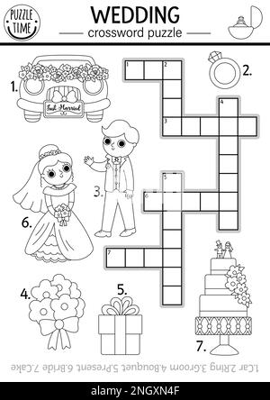 Vector schwarz-weiß Hochzeit Kreuzworträtsel für Kinder. Quizbeispiel oder Ausmalseite für die Heiratszeremonie mit einer einfachen Zeile. Eheschließung mit Braut und Bräutigam Stock Vektor