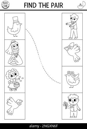 Hochzeitskampf. Lustige schwarz-weiße Puzzle- oder Malseite mit süßen, frisch verheirateten Paaren. Pädagogisches Spiel zur Hochzeitszeremonie, druckbar mit Stock Vektor