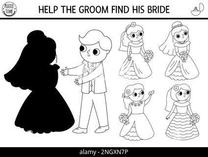 Hochzeit Schwarz-Weiß-Schattenspiel mit Braut und Bräutigam. Hochzeitszeremonie-Puzzle mit süßem, frisch verheiratetem Paar. Suchen Sie die richtige Silhouette Stock Vektor