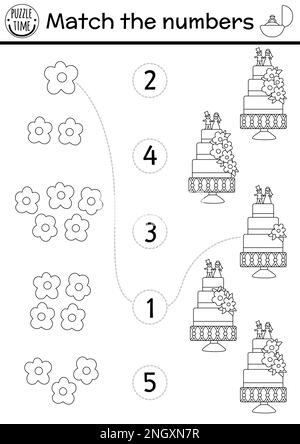 Die Zahlen für das Hochzeitsspiel in Schwarz und Weiß lassen sich mit Kuchen und Blumen kombinieren. Mathematikaktivität zur Eheschließung für Vorschulkinder. Ausbildungs-Zählarbeiterin Stock Vektor