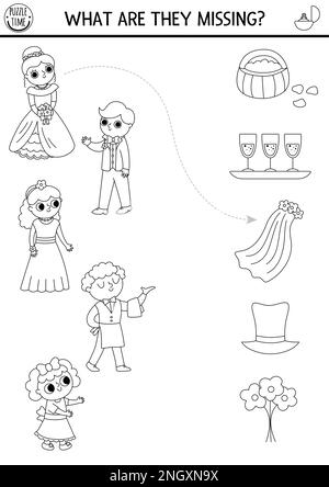 Hochzeitsveranstaltung mit süßer Braut und Bräutigam. Hochzeitszeremonie Schwarzweiß-Puzzle. Spiel „Matches the Objects“. Was ihnen fehlt, ist druckbare Arbeit Stock Vektor