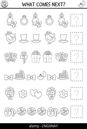 Was kommt als Nächstes? Hochzeitsaktivität in Schwarz und Weiß für Kinder im Vorschulalter mit traditionellen Symbolen. Lustiges Puzzle oder logische Farbe Stock Vektor