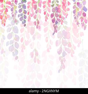 Violette und pinkfarbene Wisteria Blumen, wasserfarbene Handmalerei auf weißem Hintergrund, Design für Druck, Grußkarte, Postkarte, Einladung, Fashion Fabri Stockfoto