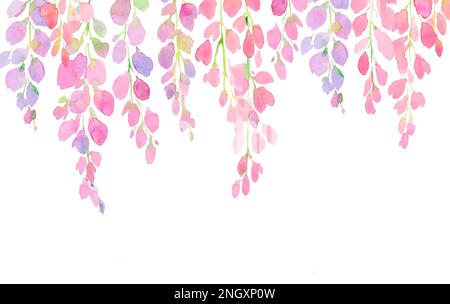 Violette und pinkfarbene Wisteria Blumen, wasserfarbene Handmalerei auf weißem Hintergrund, Design für Druck, Grußkarte, Postkarte, Einladung, Fashion Fabri Stockfoto