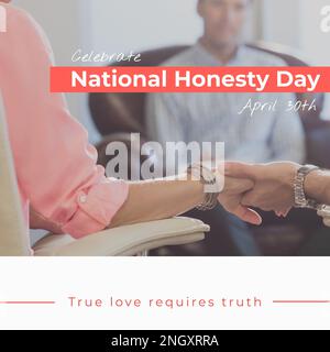Feiern Sie den nationalen Ehrlichkeitstag und den 30. april über verschiedene Menschen, die in der Therapiesitzung Händchen halten. Zusammengesetzt, wahre Liebe erfordert Wahrheit, Unterstützung, Mentalität Stockfoto