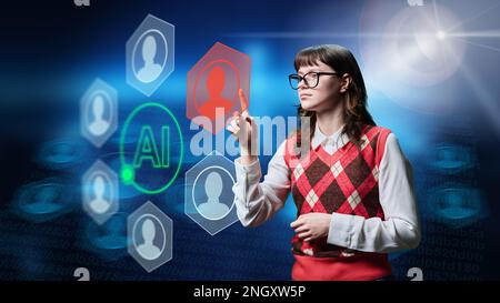 Junge Frau, die KI für Online-Kommunikation und -Lernen nutzt Stockfoto