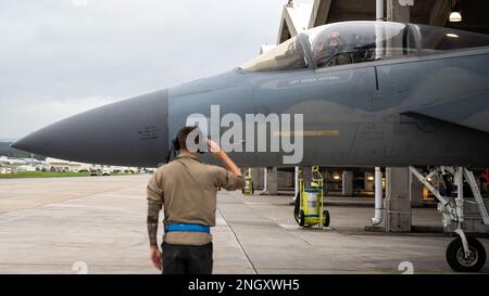 EIN US-AMERIKANISCHER Der Chef der Luftwaffe, der der 44.-Flugzeugwartungseinheit zugeteilt ist, salutiert einem F-15C Eagle-Piloten, der am 1. Dezember 2022 auf die Fluglinie am Kadena Air Base, Japan, fährt. Der 18. Flügel verabschiedete sich während des ersten Teils des phasenweisen Rückzugs der Eagles von mehreren Flugzeugen. Stockfoto