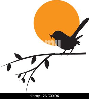 Vogel auf Zweig bei Sonnenuntergang isoliert auf weißem Hintergrund, Vektor. Vogelsilhouette mit Wurm auf Ast, Vektor. Vogelsilhouette, Illustration. Minimalistisch Stock Vektor