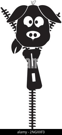 Schweinchen hinter dem Reißverschluss, Vektor. Lustige Illustration. Komische Zeichentrickfigur. Süßes kleines Schwein, isoliert auf weißem Hintergrund. Kunstdesign, Wandschmuck Stock Vektor