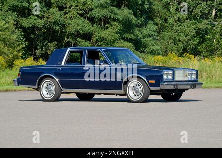 Ein dunkelblauer 1982 Chrysler New Yorker Fifth Avenue Edition Blick auf Bäume in heller Sonne. Stockfoto
