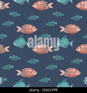 Handgezeichneter Fisch in Aquarellfarben, nahtloses Muster. Ein Set dekorativer blauer und roter Fische Stockfoto