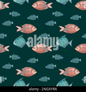 Handgezeichneter Fisch in Aquarellfarben, nahtloses Muster. Ein Set dekorativer blauer und roter Fische Stockfoto