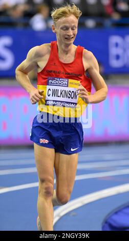 BIRMINGHAM, ENGLAND - 19. FEBRUAR: Callum Wilkinsonin gewinnt den 3000 m Walk Final Day 2 um 11.00.98 Uhr bei der britischen Leichtathletik-Hallenmeisterschaft in der utilita Arena, Birmingham, England Stockfoto