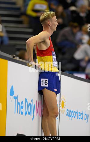 BIRMINGHAM, ENGLAND - 19. FEBRUAR: Callum Wilkinsonin sieht nach dem Gewinn des 3000 m Walk Final Day 2 um 11.00.98 Uhr bei der britischen Leichtathletik Indoor Championships in der utilita Arena, Birmingham, England, aus Stockfoto