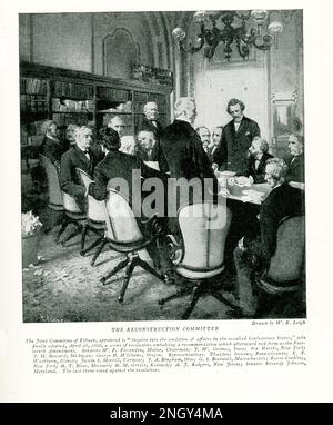 Wiederaufbauausschuss. Der Gemischte Ausschuss von fünfzehn Mitgliedern wurde mit der „Untersuchung des Zustands der Dinge in den sogenannten Konföderierten Staaten“ beauftragt, der am 28. April 1866 schließlich eine Reihe von Entschließungen verabschiedete, die eine Empfehlung enthielten, die später als vierzehnte Änderung angenommen wurde. Senatoren W P Fessenden, Vorsitzender Maine; F W Grimes, Iowa; IRA Harris, New York; Howard, Michigan; George H. Williams, Oregon. Vertreter: Thaddeus Stevens, Pennsylvania; E B Washburn, Illinois; Justin S Morrill, Vermont; J. A. Bingham, Ohio; G. S. Boutwell, Massachusetts; Roscoe Conkling, New York; H.T. BL Stockfoto