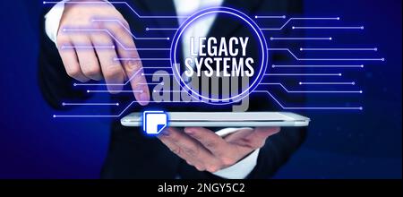 Inspiration für das Vorzeigen von älteren Signage-Systemen. Wort für Computersystem oder Anwendungsprogramm mit alter Methodentechnologie Stockfoto