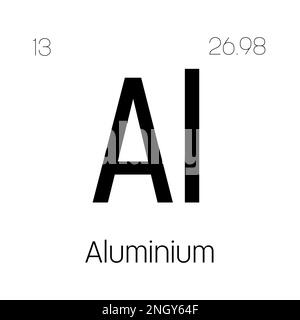 Aluminium, Al, Periodensystem mit Name, Symbol, Atomzahl und Gewicht. Leichtes Metall, das aufgrund seiner Festigkeit und Korrosionsbeständigkeit häufig in der Bau-, Verpackungs- und Transportindustrie verwendet wird. Stock Vektor