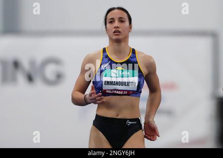 Belgrad, Serbien, 15. Februar 2023. POLYNIKI Emmanouilidou aus Griechenland tritt während des Belgrader Leichtathletik-Hallenstreffens 2023 in der Banjica Athletic Hall in Belgrad, Serbien, beim 60m-Rennen der Frauen an. 15. Februar 2023. Kredit: Nikola Krstic/Alamy Stockfoto