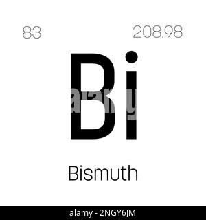 Bismut, Bi, Periodenelement mit Name, Symbol, Atomzahl und Gewicht. Schwermetalle mit verschiedenen industriellen Verwendungszwecken, z. B. in Kosmetika, Legierungen und als Ersatz für Blei in bestimmten Anwendungen. Stock Vektor