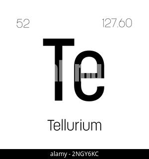 Tellur, Te, Periodenelement mit Name, Symbol, Atomzahl und Gewicht. Metalloid mit verschiedenen industriellen Verwendungen, z. B. in bestimmten Glasarten, Solarzellen und als Bestandteil in bestimmten Arten von Medikamenten. Stock Vektor
