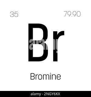 Brom, Br, Periodenelement mit Name, Symbol, Atomzahl und Gewicht. Halogen für verschiedene industrielle Anwendungen, z. B. in Flammschutzmitteln, Wasseraufbereitung und als Begasungsmittel in der Landwirtschaft. Stock Vektor