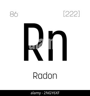 Radon, RN, Periodenelement mit Name, Symbol, Atomzahl und Gewicht. Inertgas mit radioaktiven Eigenschaften, das in der wissenschaftlichen Forschung und als Tracer bei bestimmten Versuchsarten verwendet wird. Stock Vektor