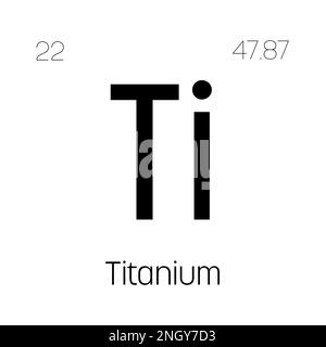 Titan, Ti, Periodenelement mit Name, Symbol, Atomzahl und Gewicht. Übergangsmetall mit verschiedenen industriellen Anwendungen, wie z. B. in der Luft- und Raumfahrt, medizinischen Implantaten und als Komponente in bestimmten Legierungen. Stock Vektor