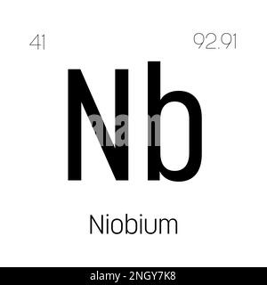 Niob, NB, Periodenelement mit Name, Symbol, Atomzahl und Gewicht. Übergangsmetall mit verschiedenen industriellen Verwendungszwecken, z. B. in der Stahlproduktion, Supraleitern und als Bestandteil bestimmter Legierungen. Stock Vektor